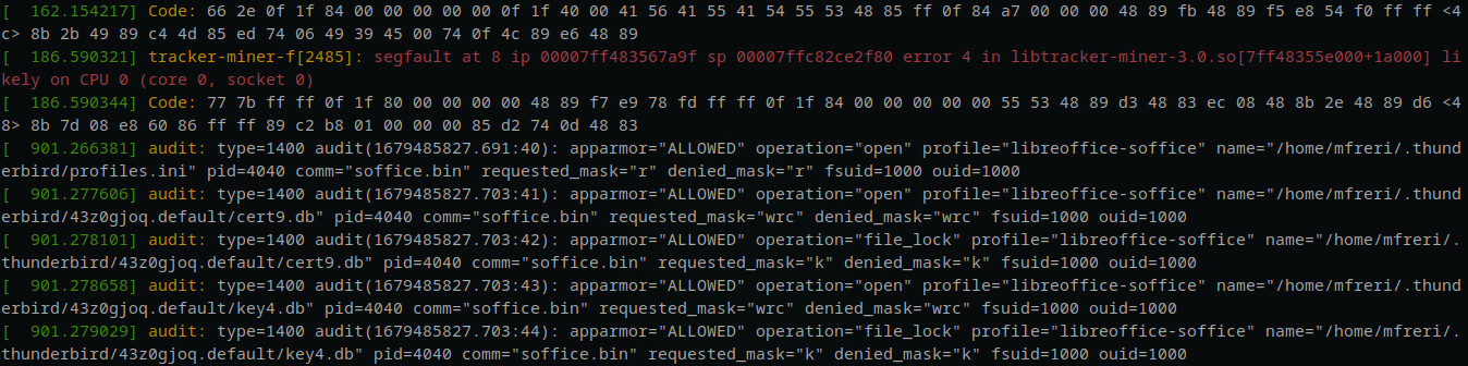 Salida del comando dmesg con error